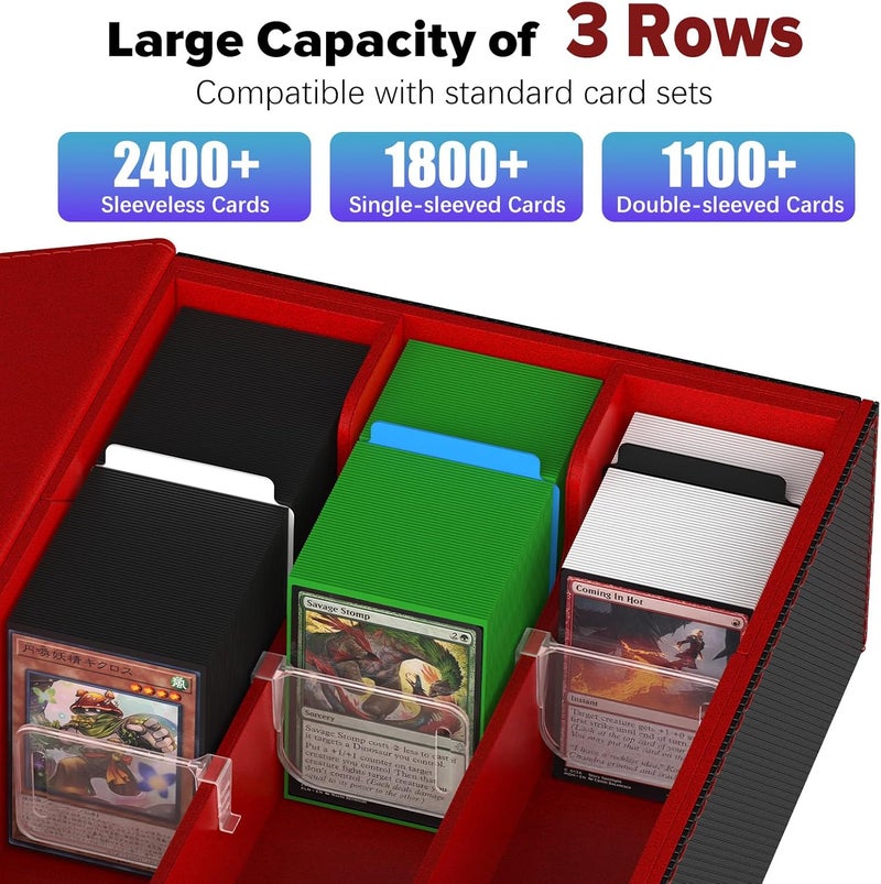 Gomyrod Card Deck Case for 1800+ Sleeved Cards, Trading Card Storage Box with 15 Dividers & 3 Stoppers, Magnetic Closure Commander Deck Box Fit for TCG/MTG/Baseball/Sport Cards, Black & Red - Image 2